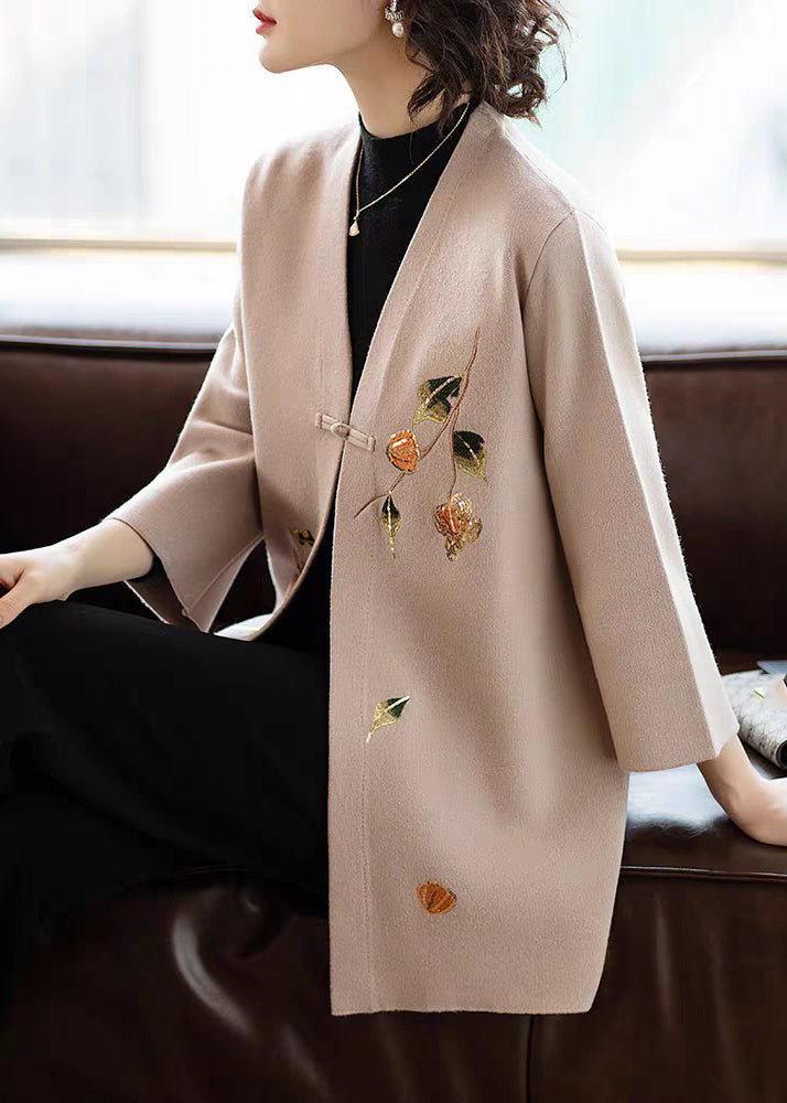 Women's Khaki Wool Coat V Neck Three Quarter Sleeves - OutfitLondon