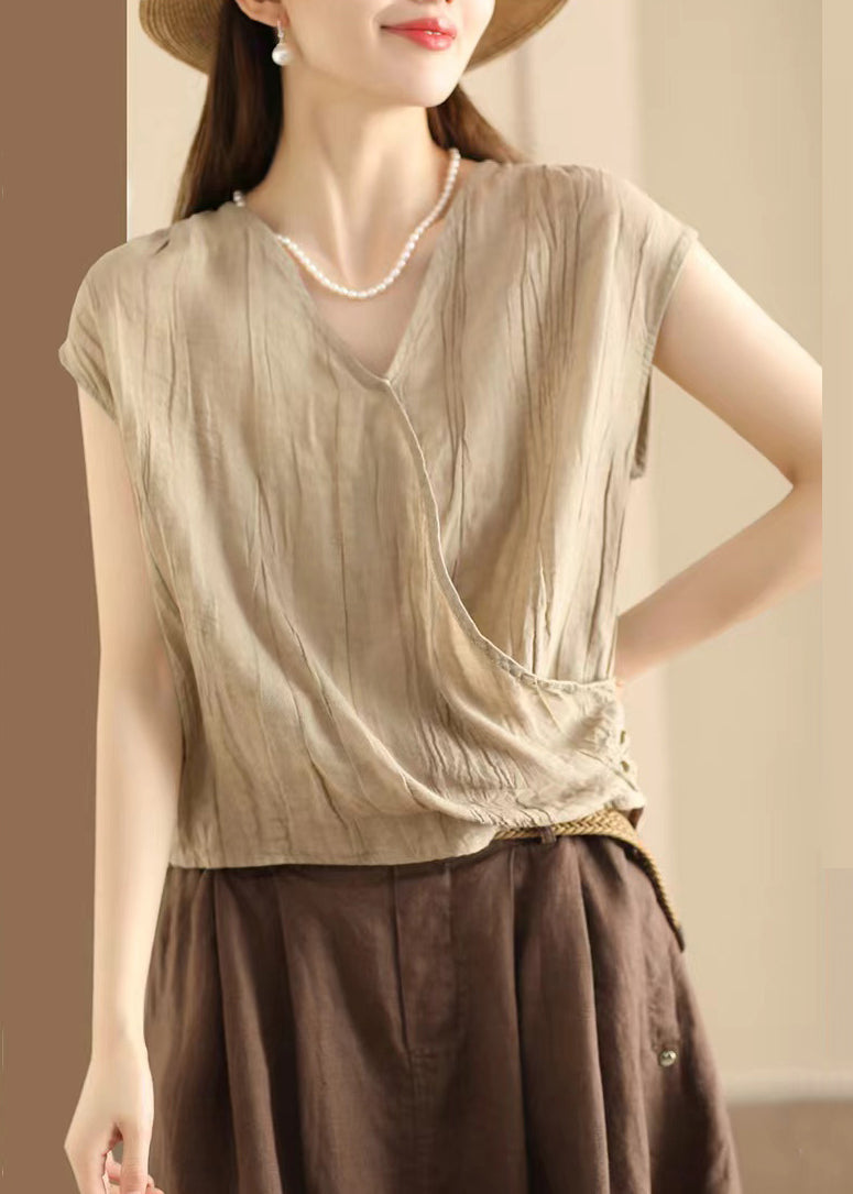 Women's Crinkled Cotton Linen V Neck Tank Khaki - OutfitLondon