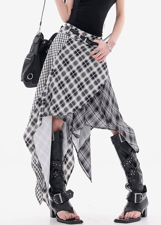 Women's Plaid Cotton Skirt High Waisted Asymmetrical Hem Lightweight - OutfitLondon