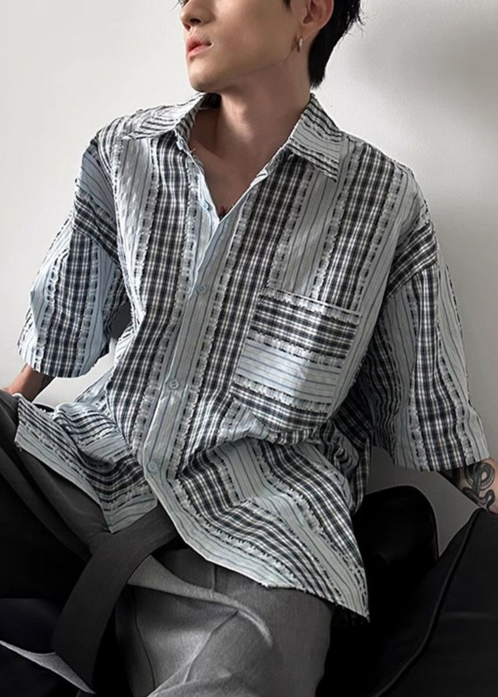 Men's Plaid Cotton Shirt Short Sleeve Button Up - OutfitLondon