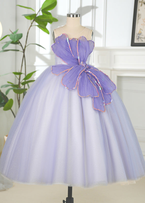 Girls Violet Floral Tulle Long Dress Lightweight - OutfitLondon
