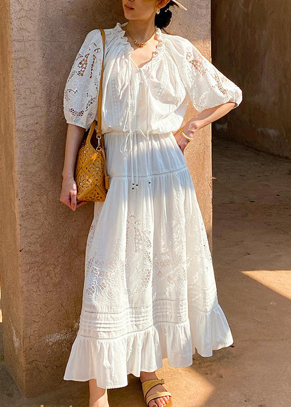 Women's White Cotton Ruffle Blouse And Skirt Set - OutfitLondon