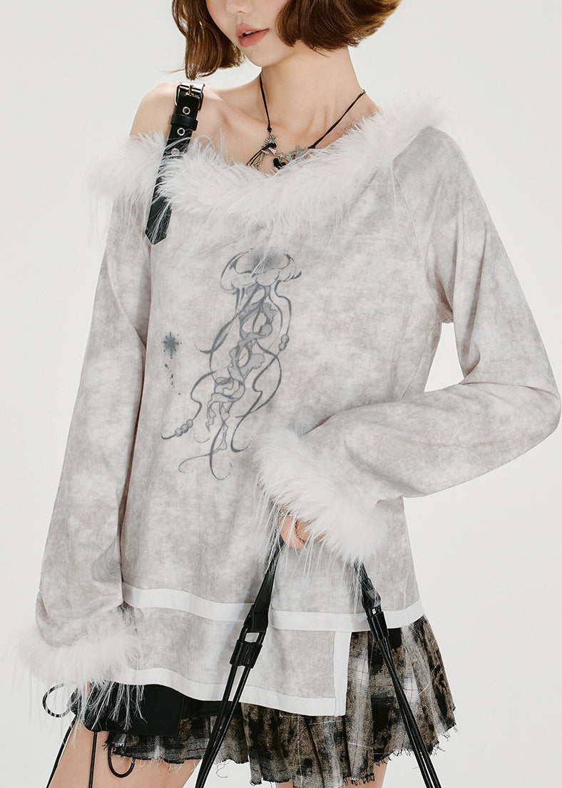 Women's Asymmetrical Cold Shoulder Faux Fur White Tie Dye - OutfitLondon