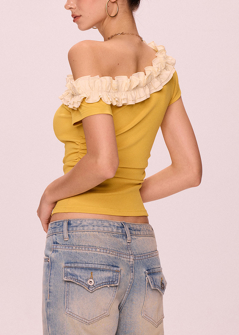 Women's Cotton Off Shoulder Ruffle Soft Yellow - OutfitLondon