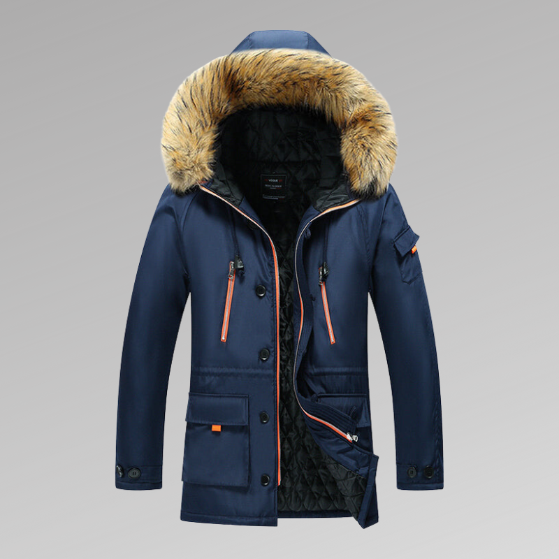 Warm Insulated Men's Snow Parka Coat with Faux Fur Hood
