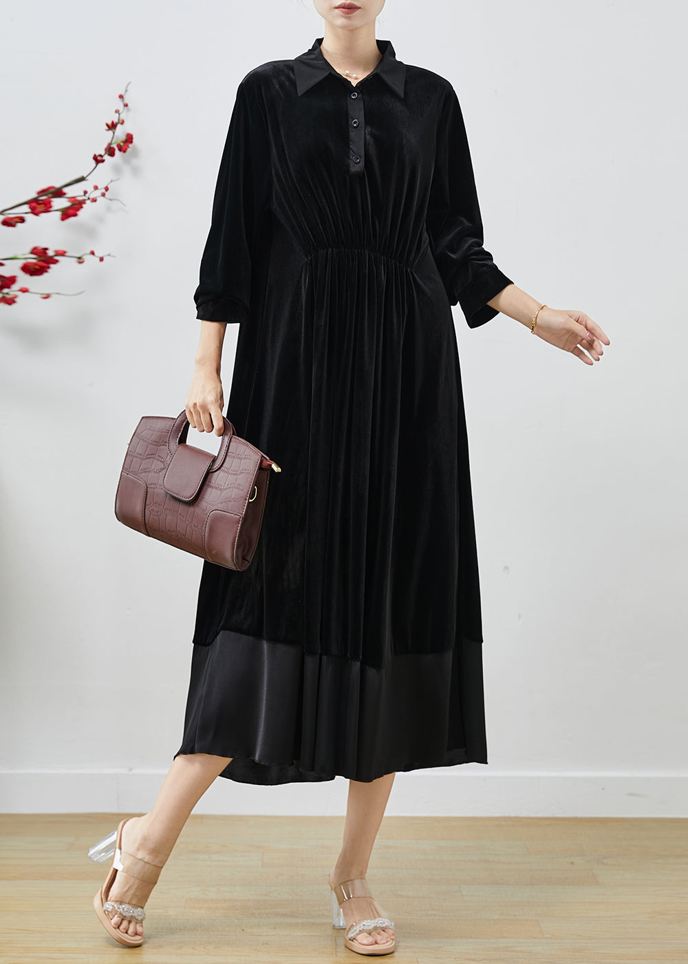 Women's Silk Velvet Patchwork Dress Peter Pan Collar Autumn - OutfitLondon