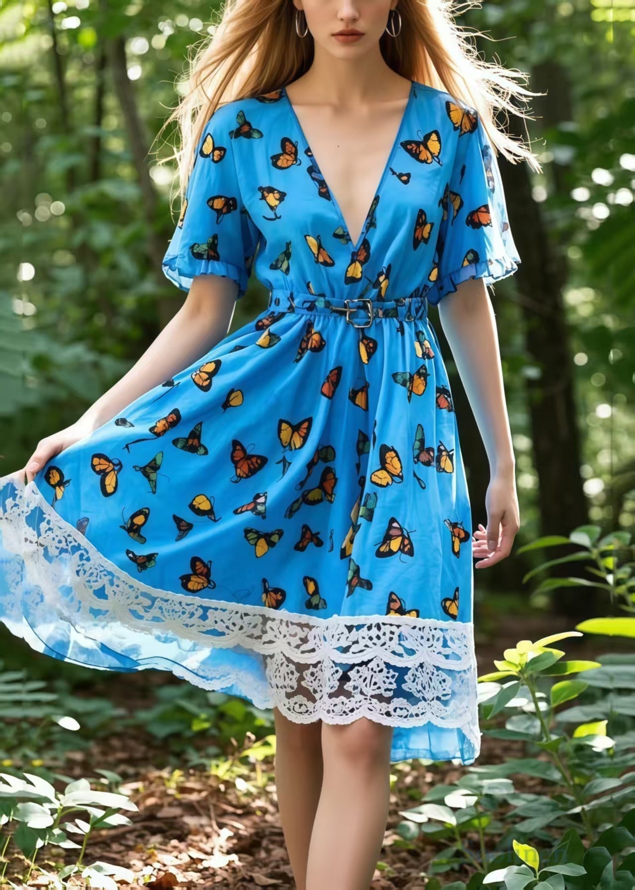 Women's Blue Lace Midi Dress Cotton Blend Belted Waist - OutfitLondon