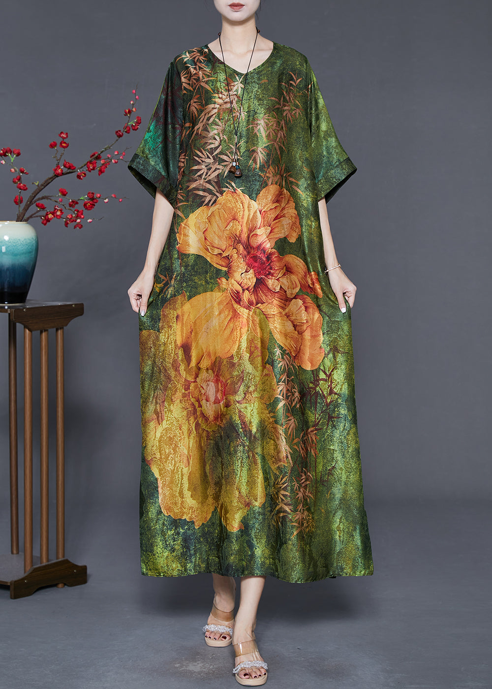 Women's Silk Blend V Neck Maxi Dress Green Botanical Print - OutfitLondon