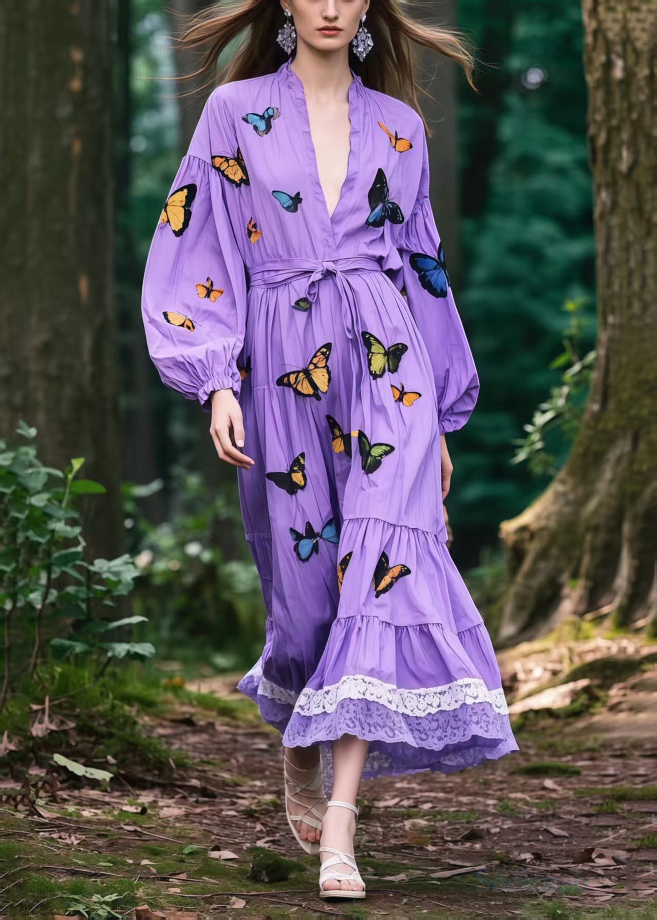 Women's Cotton Dress Lavender Tie Waist - OutfitLondon