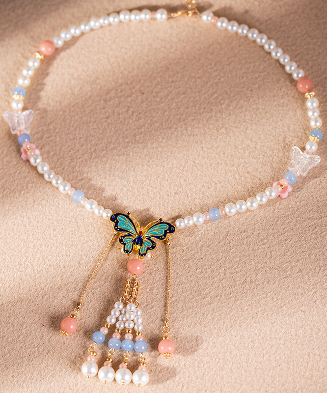 Kids Multicolor Pearl Bead Necklace Enamel Floral Pom Pom - OutfitLondon
