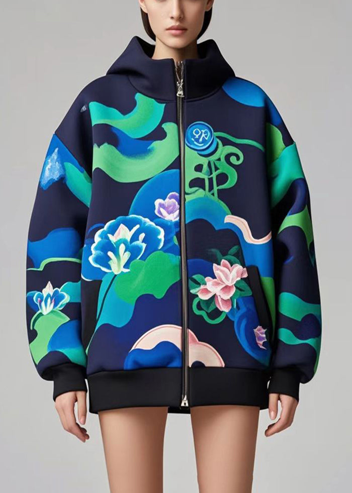 Women's Cotton Hooded Coat Navy Print Relaxed Fit - OutfitLondon