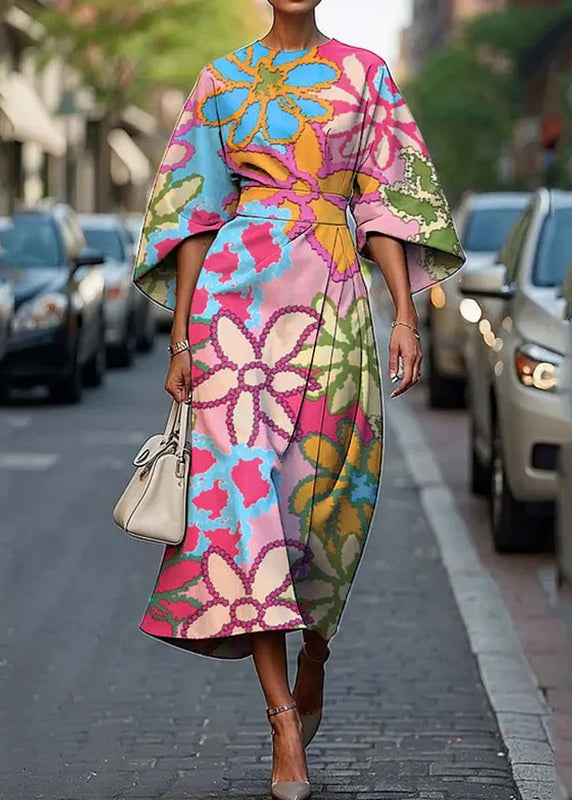 Women's Cotton Blend Maxi Dress Rainbow Print Round Neck - OutfitLondon