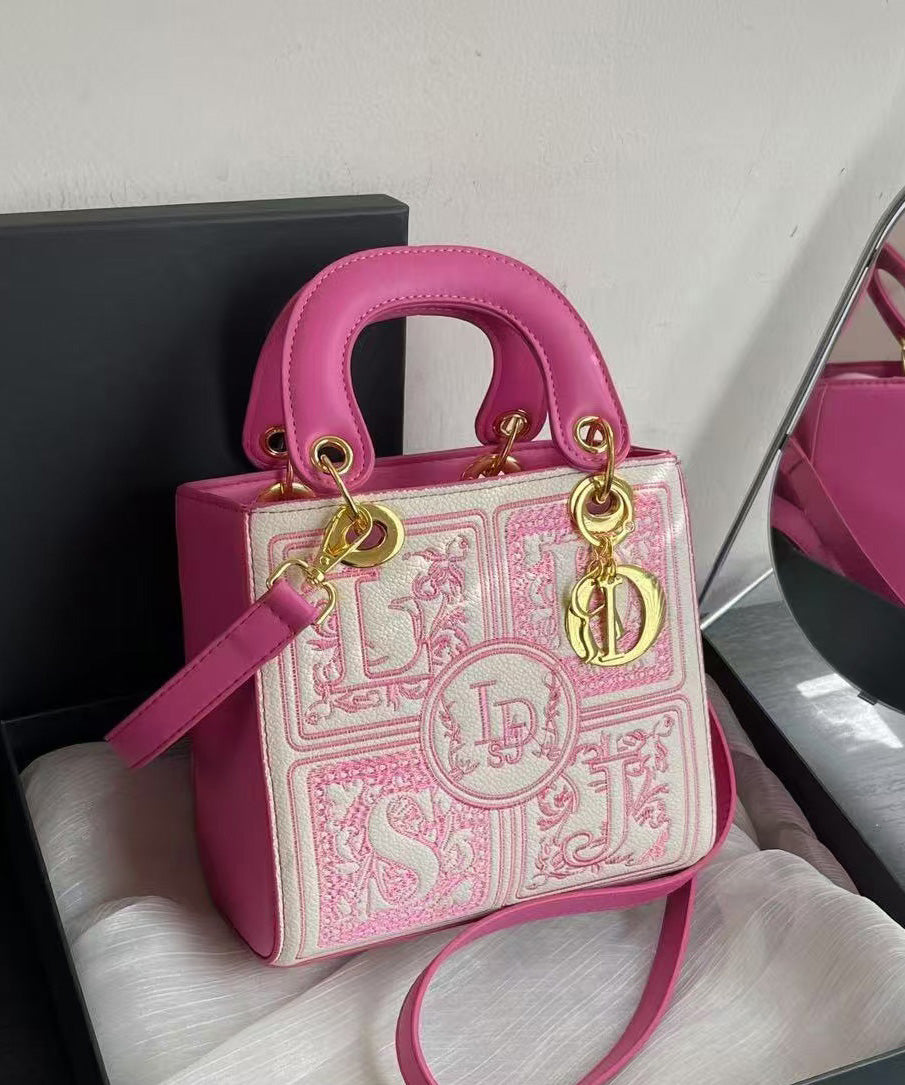 Women's Faux Leather Mini Handbag Pink Rose Embroidery - OutfitLondon