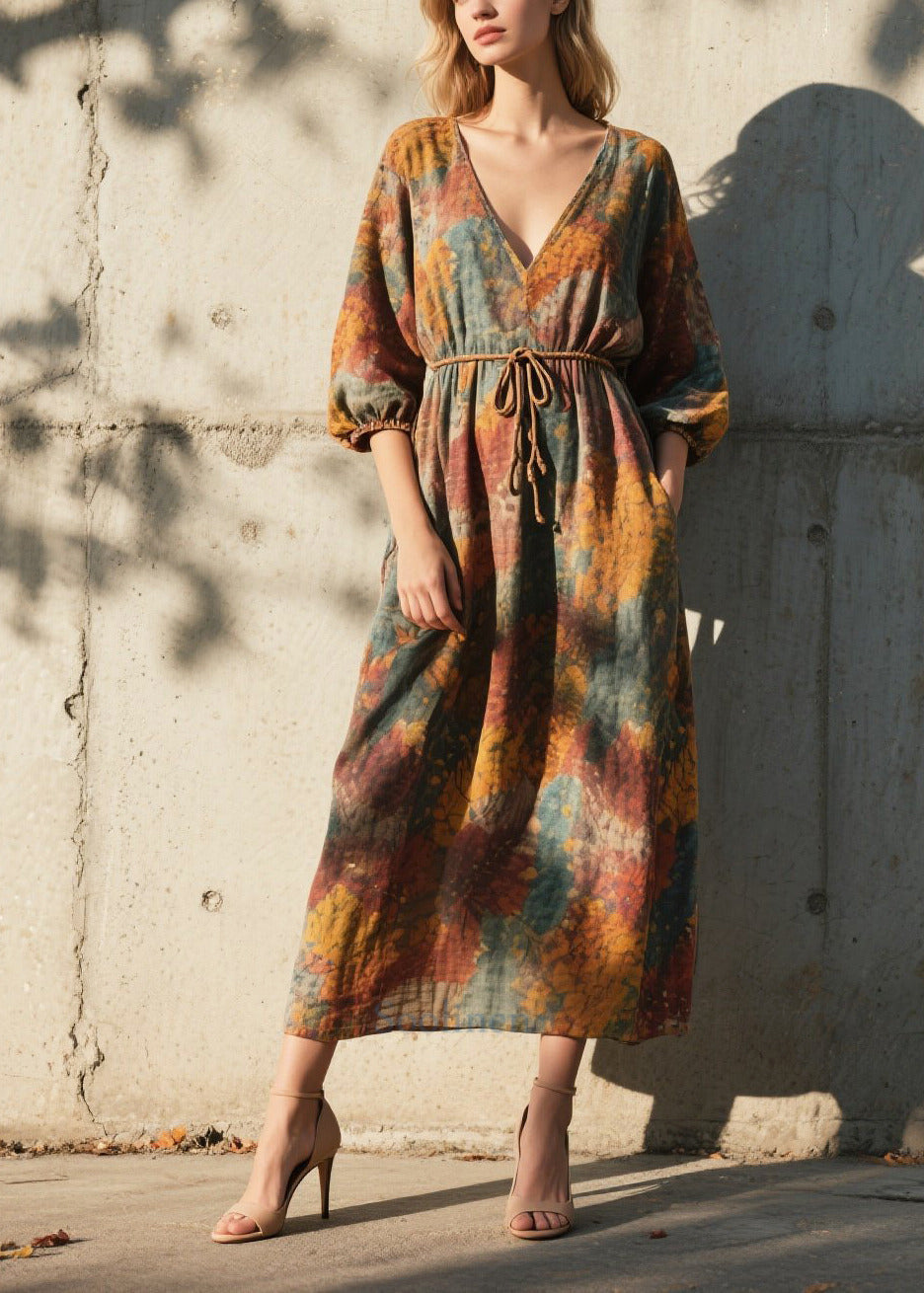 Women's Cotton Maxi Dress Breathable V Neck Boho Print - OutfitLondon