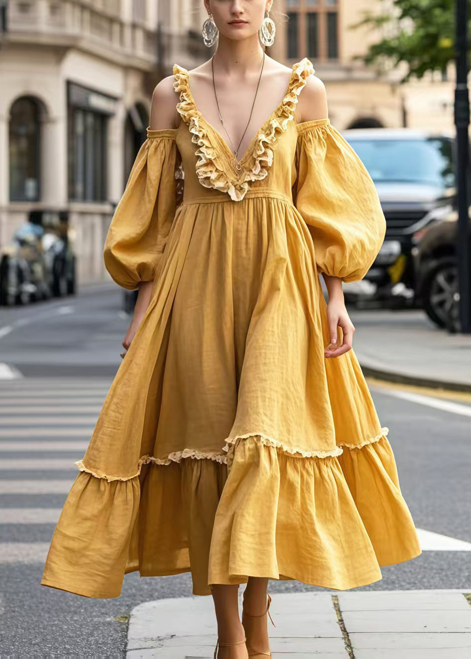 Women's Off Shoulder Evening Dress Ruffle Lantern Sleeve Yellow - OutfitLondon
