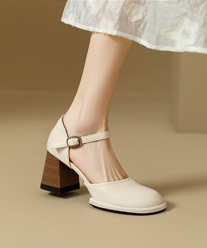 Women's Beige Calfskin Sandals Thick 2.75 Inch Heel - OutfitLondon
