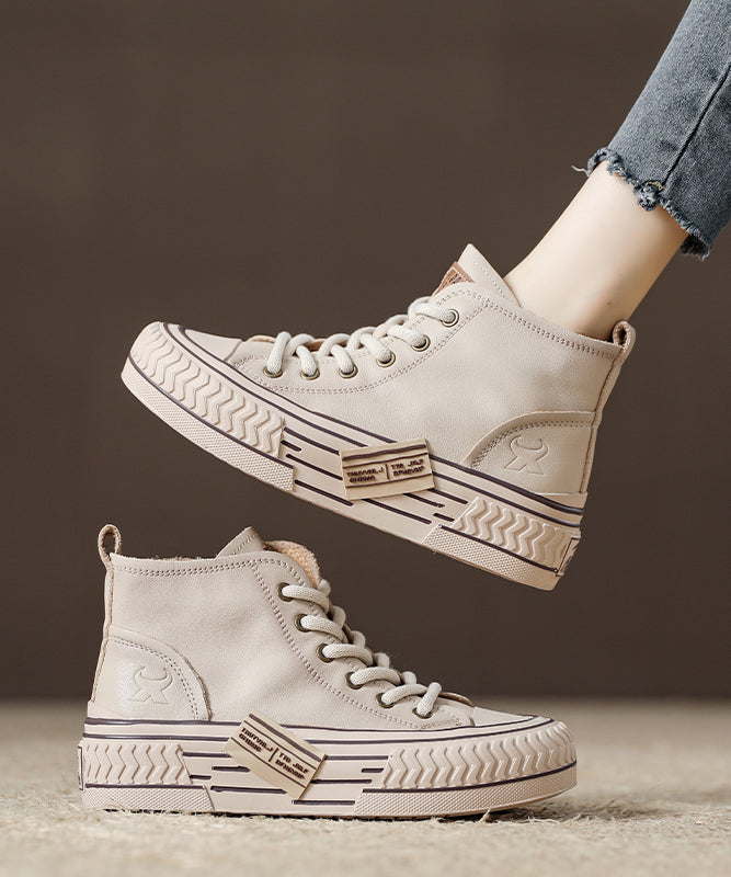 OutfitLondon Beige Leather High Sneakers 1.77 Inch Platform - OutfitLondon