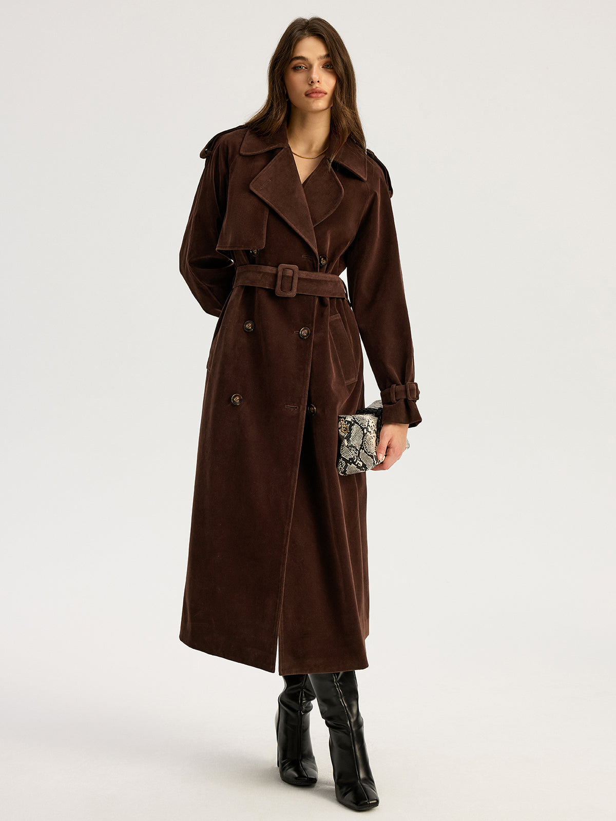 Classic Fitted Suede Trench Coat with Belt