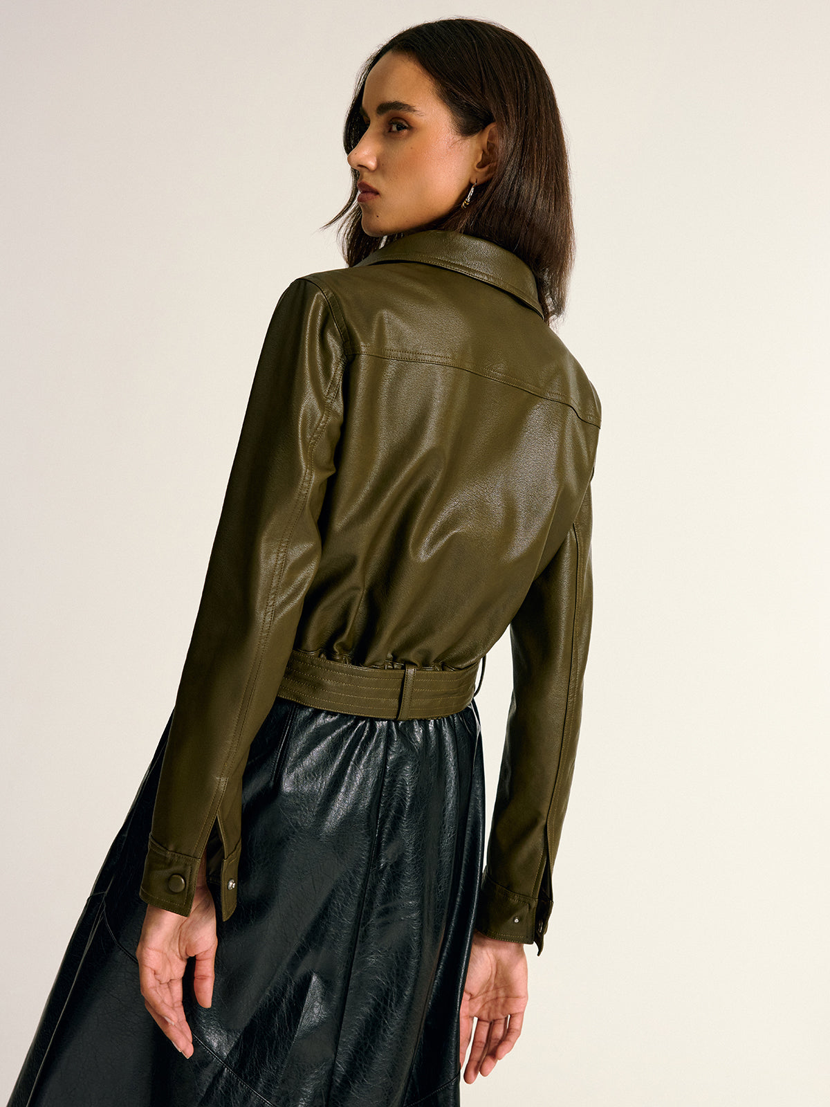 Faux Leather Belted Cargo Jacket Coat