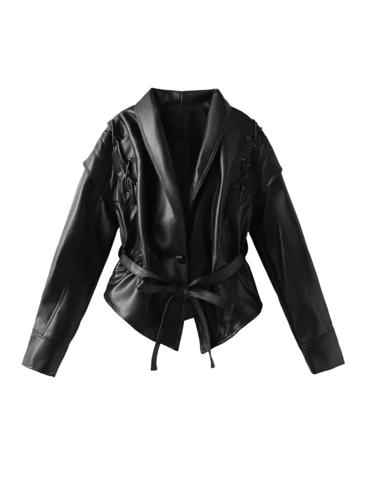 Women's Chic Faux Leather Coat with Shawl Neck
