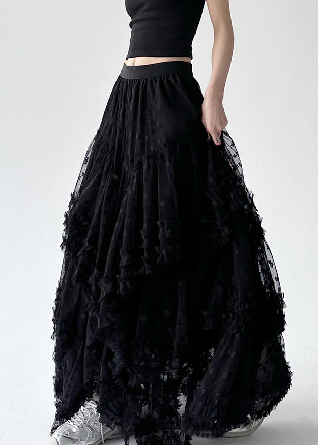 Women's Asymmetrical Ruffle Skirt Black Tulle Elastic Waist - OutfitLondon