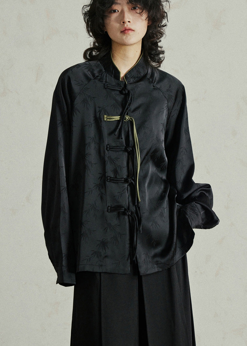 Women's Cotton Blend High Neck Lantern Sleeves Relaxed Fit Black - OutfitLondon