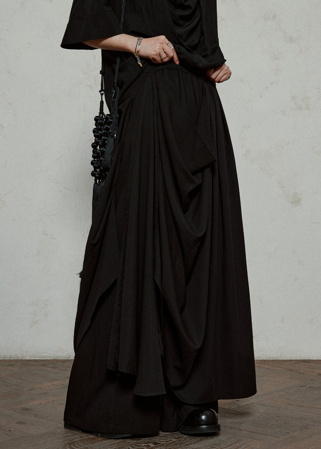 Women's Cotton Wide Leg Pants Elastic Waist Black - OutfitLondon