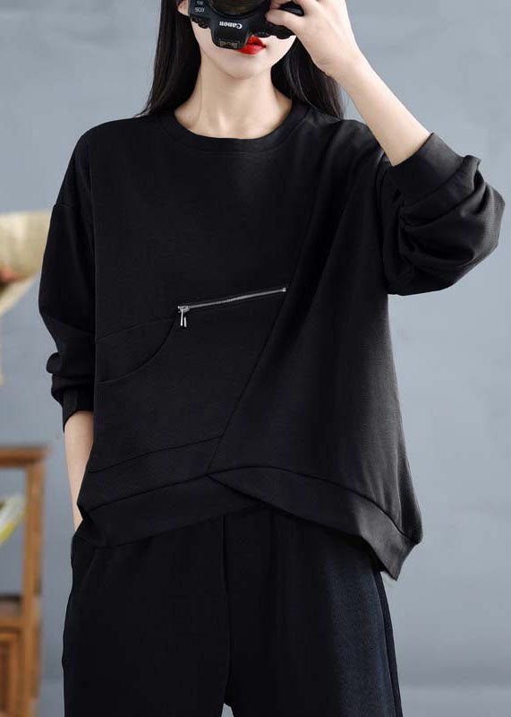 Women's Cotton Patchwork Black Zipper Round Neck - OutfitLondon