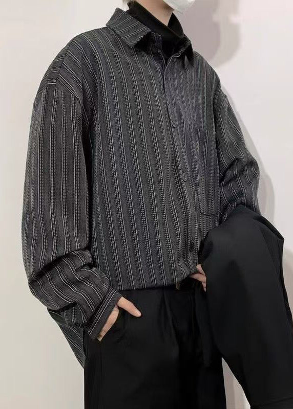 Men's Cotton Shirt Loose Fit Black Stripes Peter Pan Collar - OutfitLondon