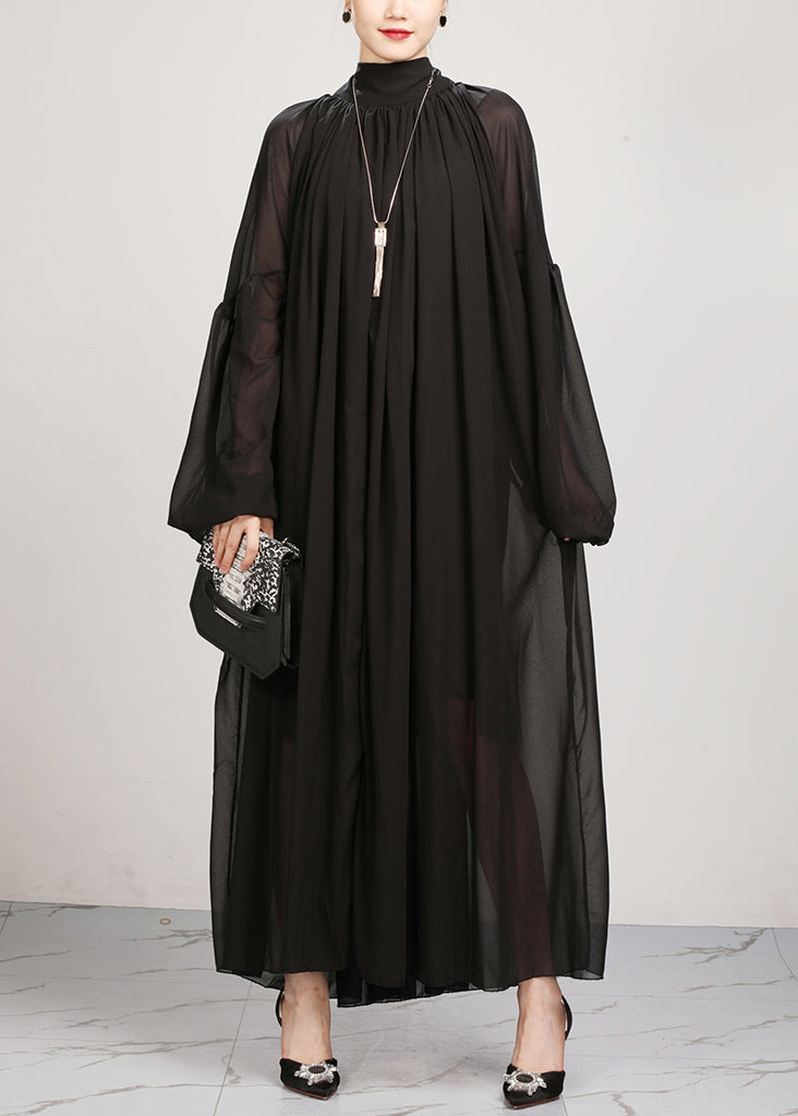 Women's Black Silk Chiffon Maxi Robe Turtleneck Lantern Sleeves - OutfitLondon