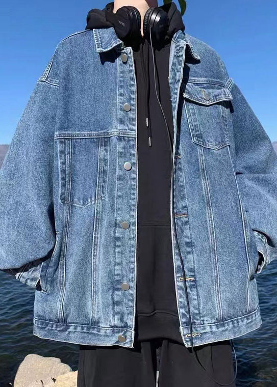 Men's Blue Denim Jacket Buttoned Pockets Peter Pan Collar - OutfitLondon