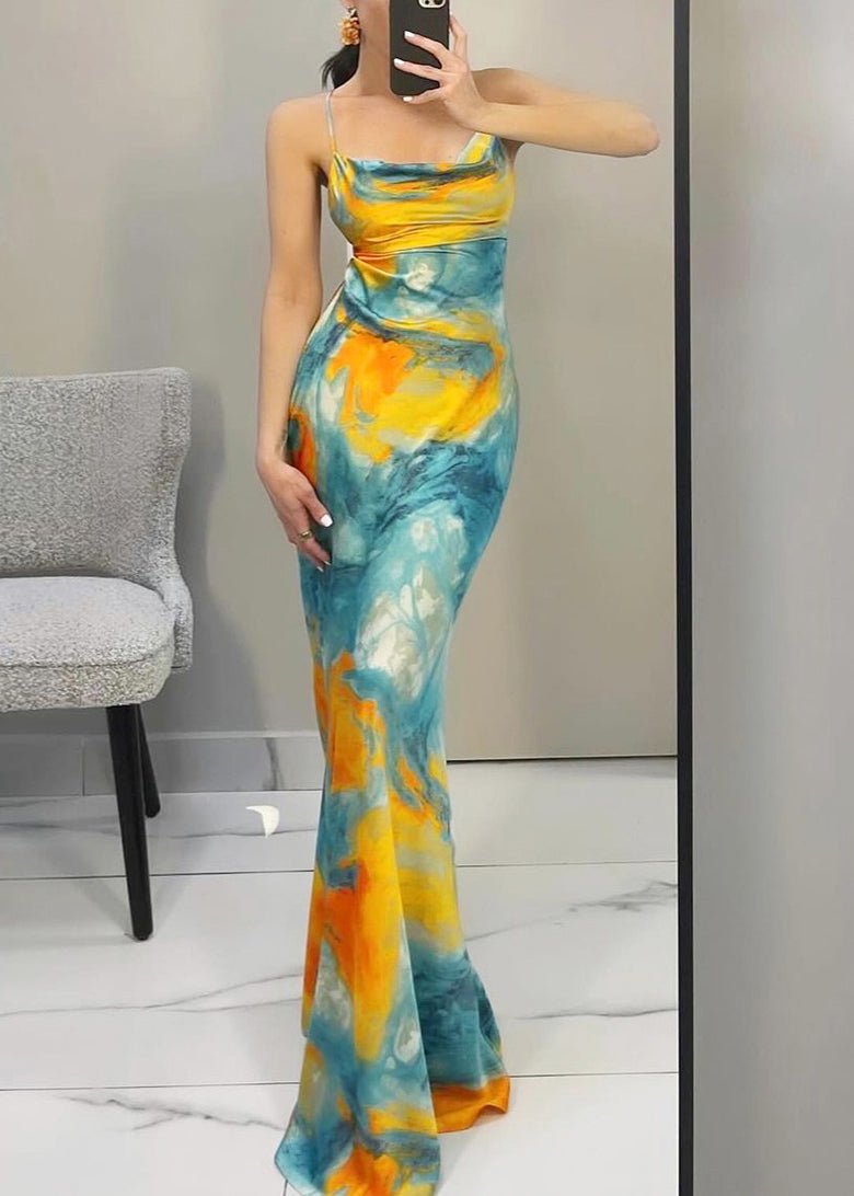 Women's Blue Maxi Dress Lace Up Backless Sleeveless - OutfitLondon