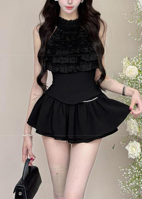 Women's Black Ruffle Two Piece Cotton Skirt Set - OutfitLondon