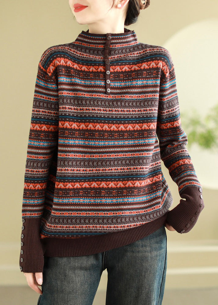 Women's Striped Knit Turtleneck Sweater Brown - OutfitLondon