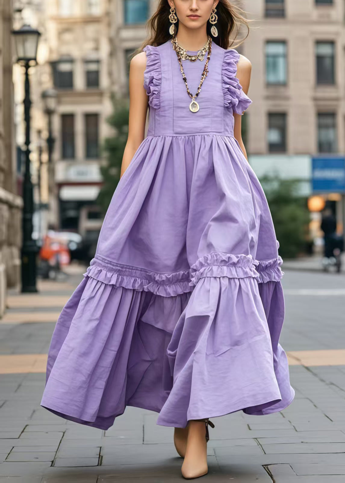 Women's Cotton Blend Maxi Dress Lavender Ruffled Hem - OutfitLondon
