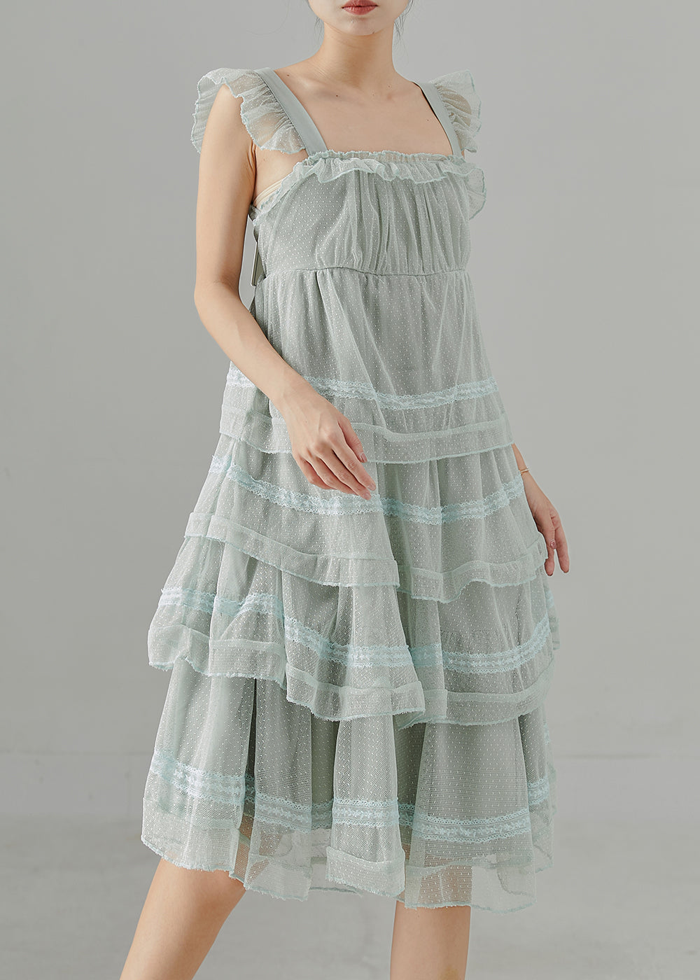 Women's Light Blue Patchwork Tulle Summer Dress Lightweight - OutfitLondon