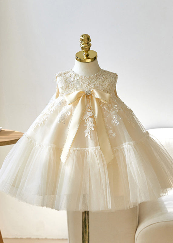 Girls Beige Sleeveless Lace Dress Floral Tulle Wedding Party - OutfitLondon
