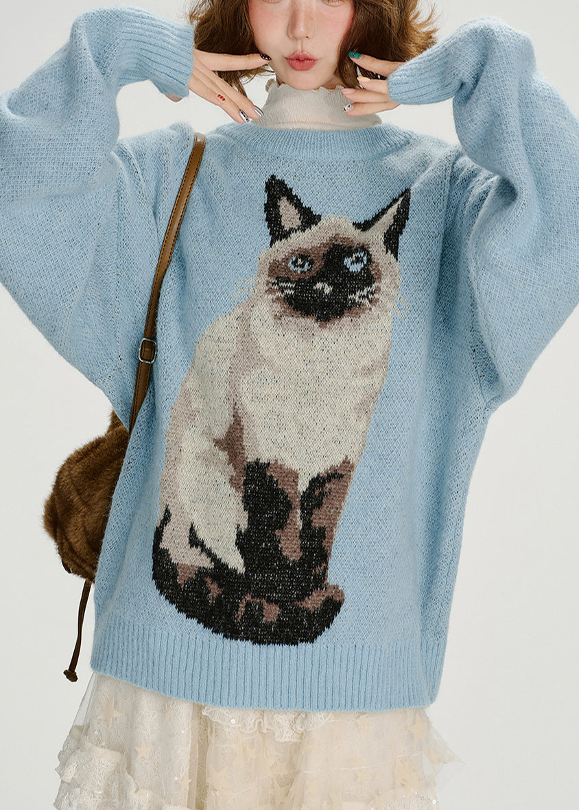 Women's Oversized Knit Sweater Blue Jacquard Dog Motif - OutfitLondon