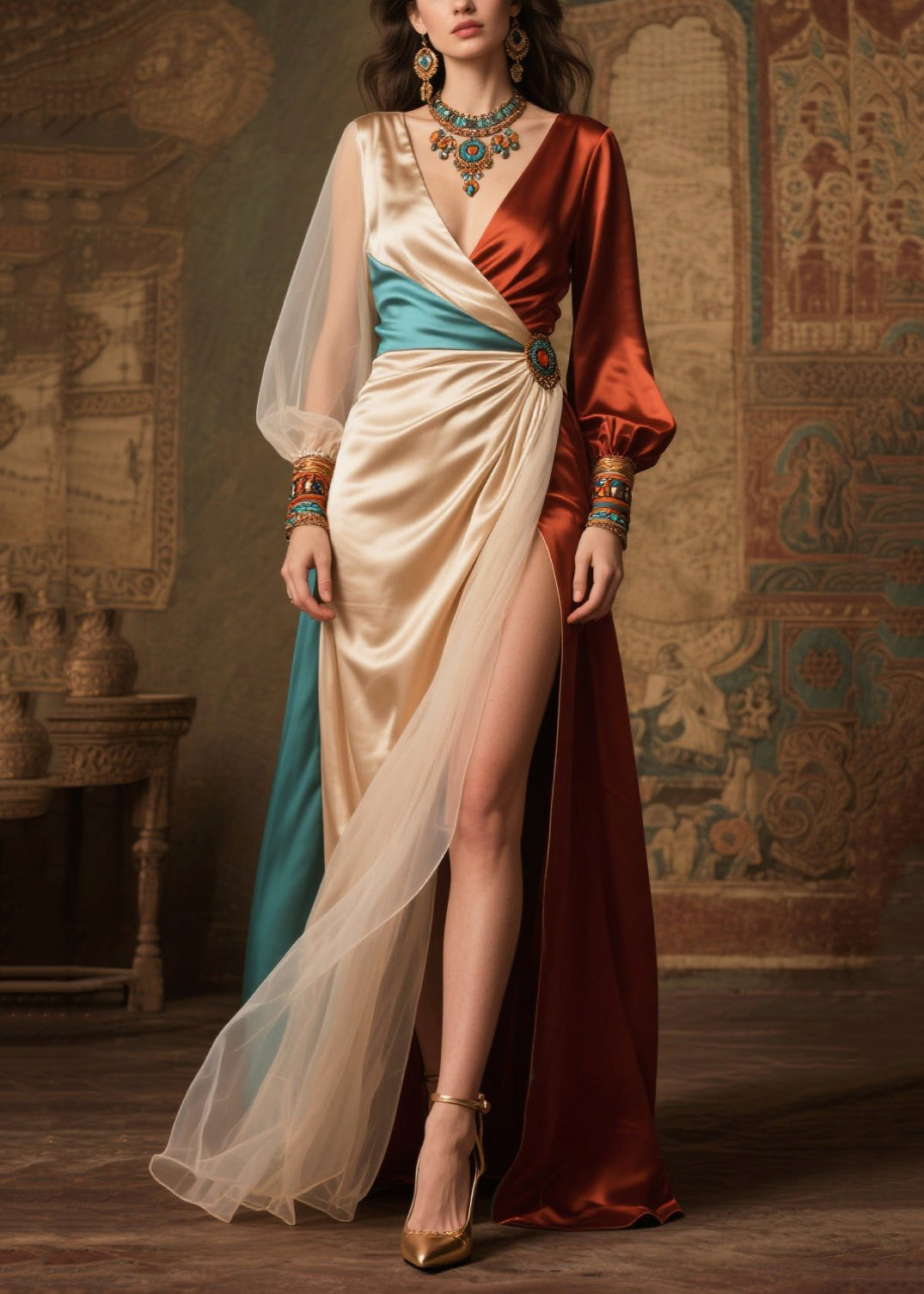 Women's Silk Asymmetric Patchwork Dress - OutfitLondon