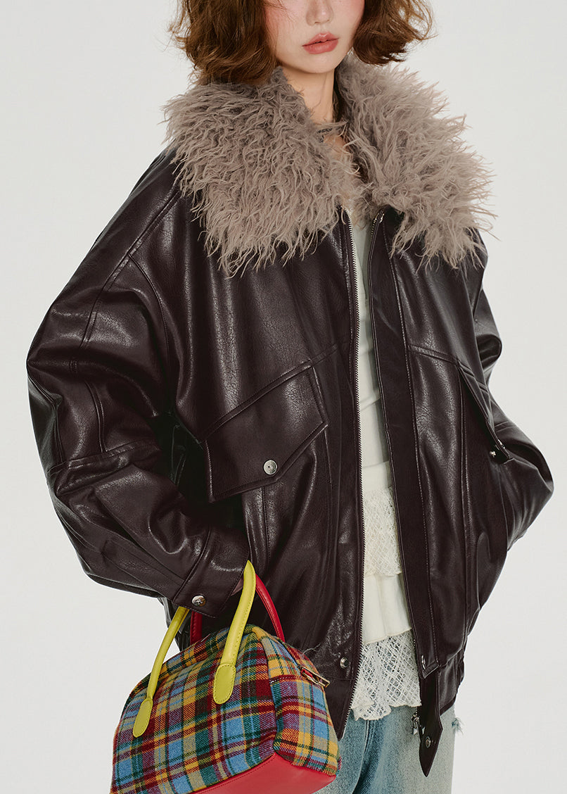Women's Oversized Faux Leather Jacket Faux Fur Collar Brown - OutfitLondon