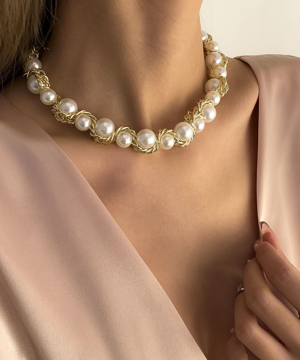Women's Gold Tone Copper Necklace Graduated Pearl Beads 38cm - OutfitLondon