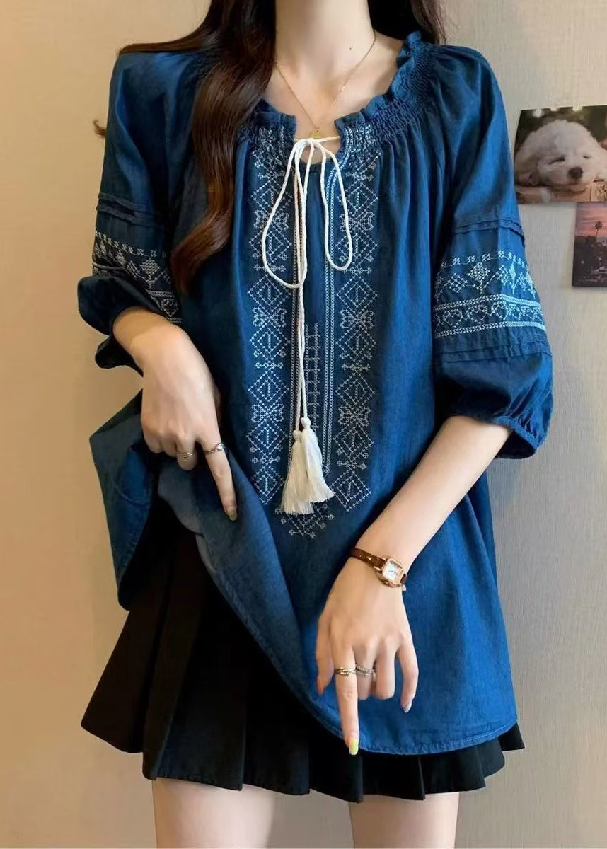 Women's Embroidered Cotton Blouse Ruffles Bracelet Sleeves Lightweight - OutfitLondon