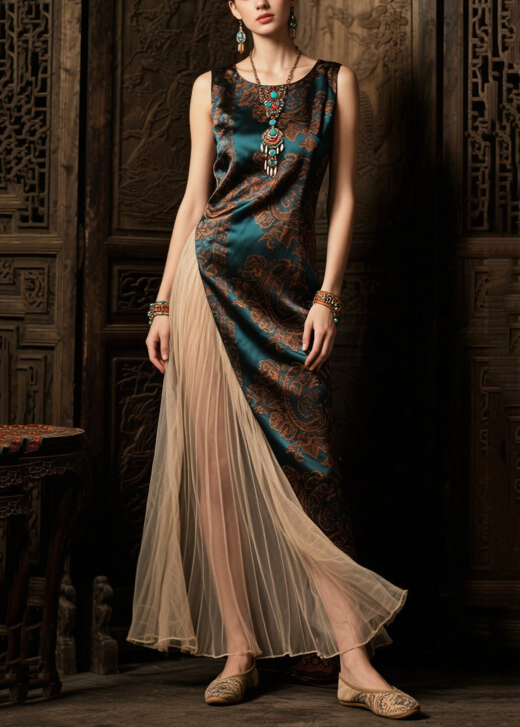 Women's Silk Blend Asymmetrical Patchwork Dress Green - OutfitLondon
