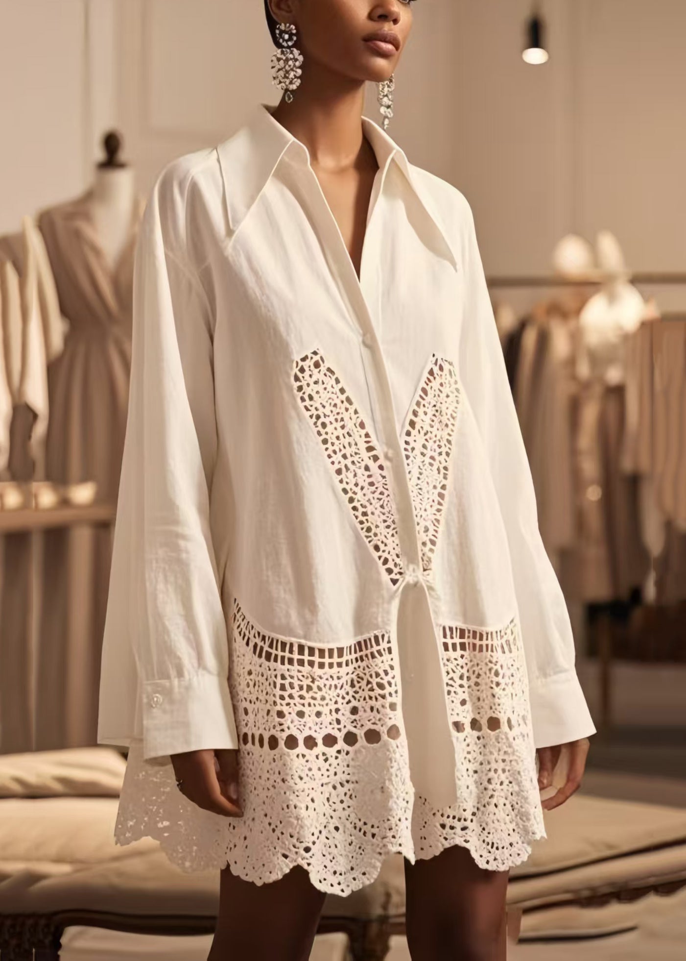Women's White Cotton Blouse Openwork Breathable - OutfitLondon
