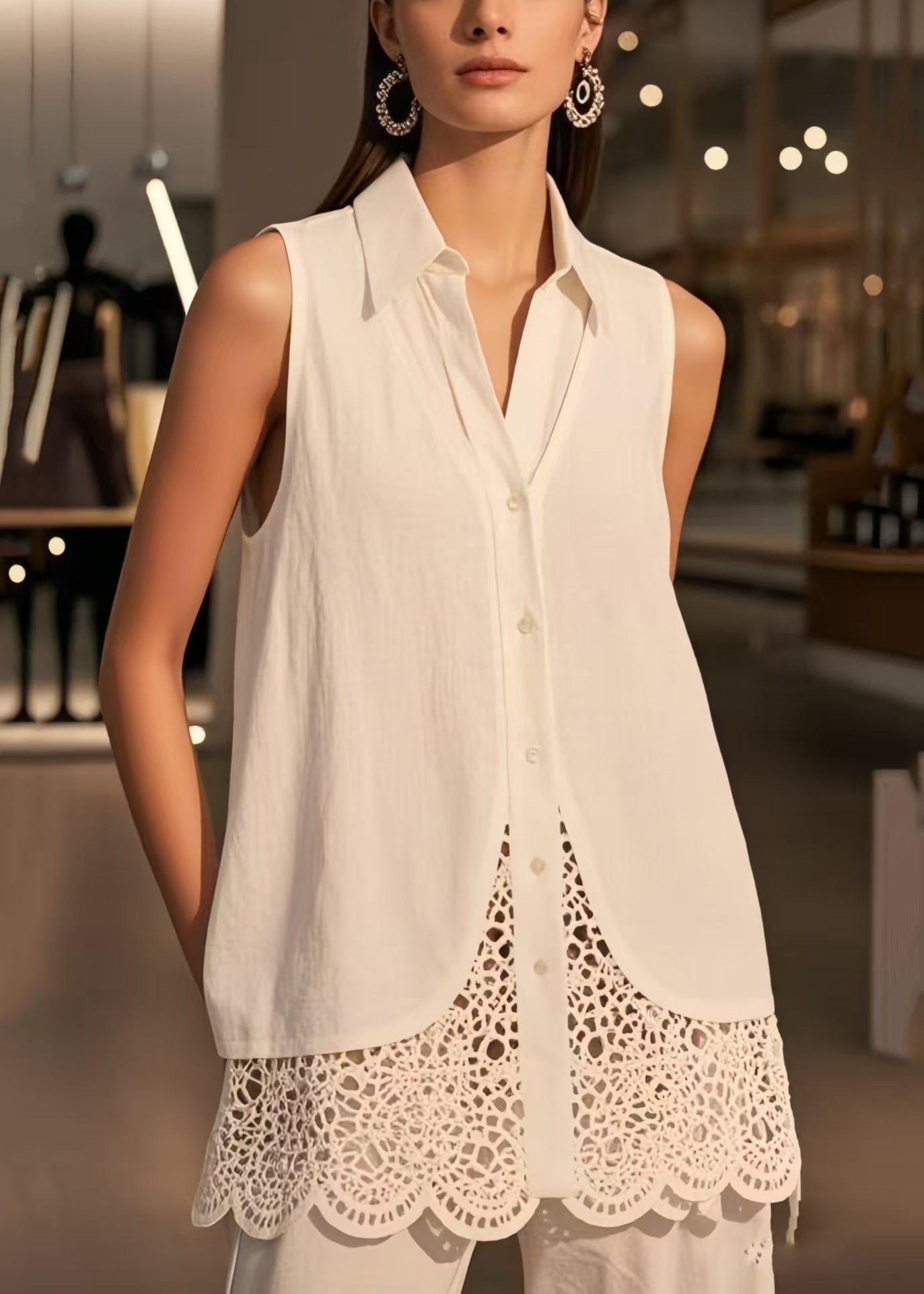 Women's Cotton Blend Sleeveless Blouse With Lace Peter Pan Collar - OutfitLondon