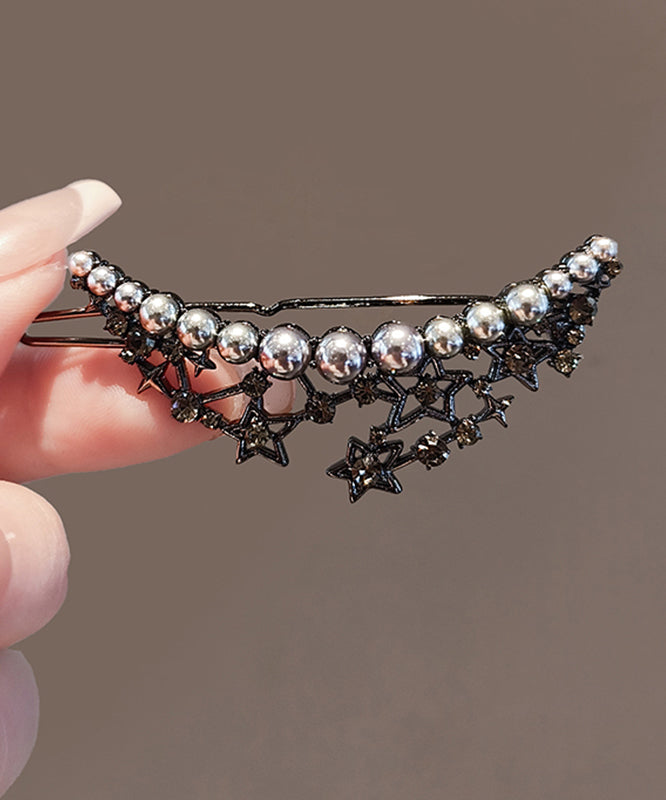Star Hair Pin Black Alloy Pearl Hollow Design - OutfitLondon