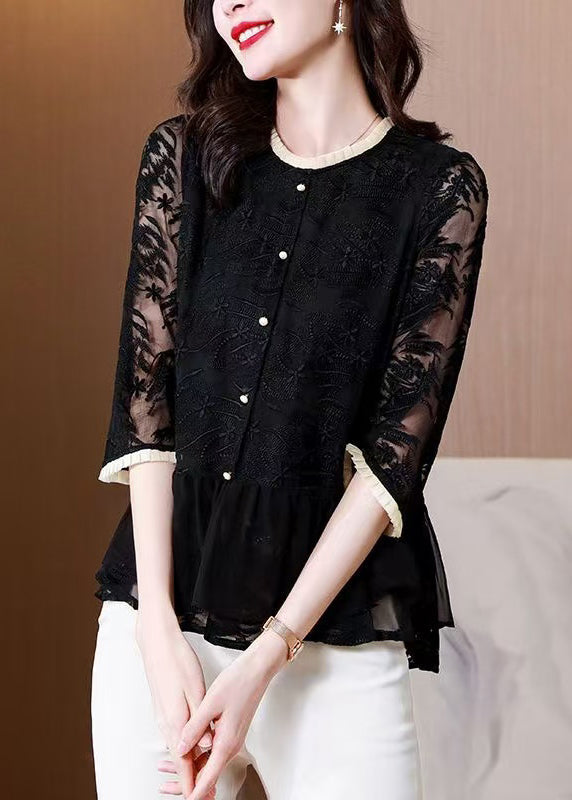 Women's Silk Shirt Black Round Neck Lightweight - OutfitLondon