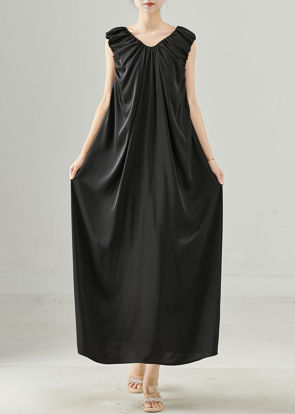 Women's Silk Maxi Dress Oversized Airy Beige - OutfitLondon