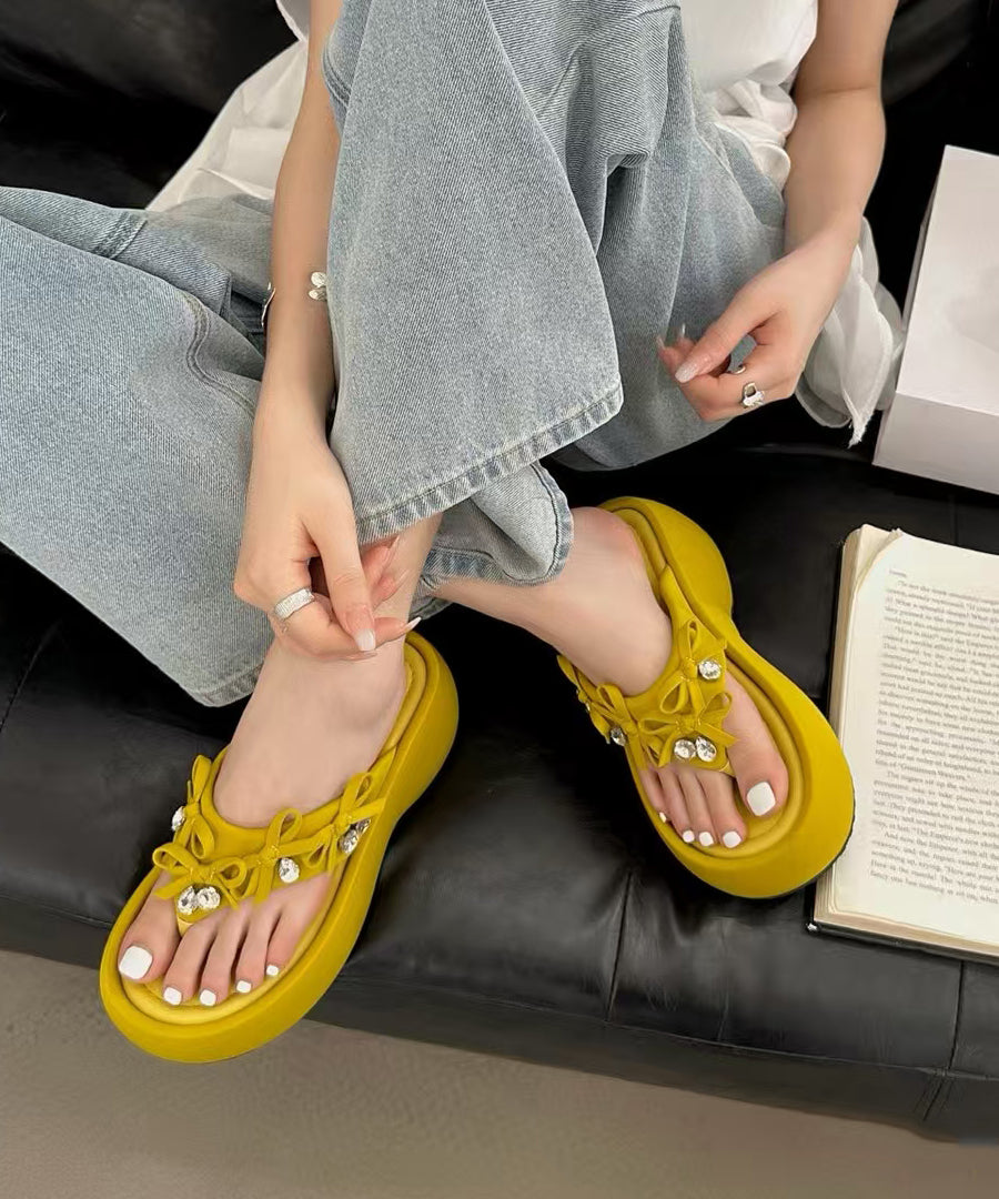 Women's Yellow Faux Leather Platform Sandals 5cm Knot Strap Cushioned - OutfitLondon