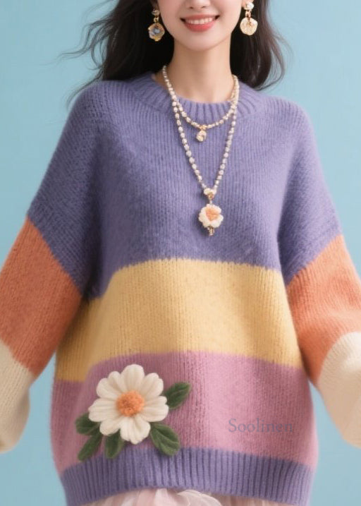 Women's Oversized Cozy Sweater Floral Knit Pullover - OutfitLondon